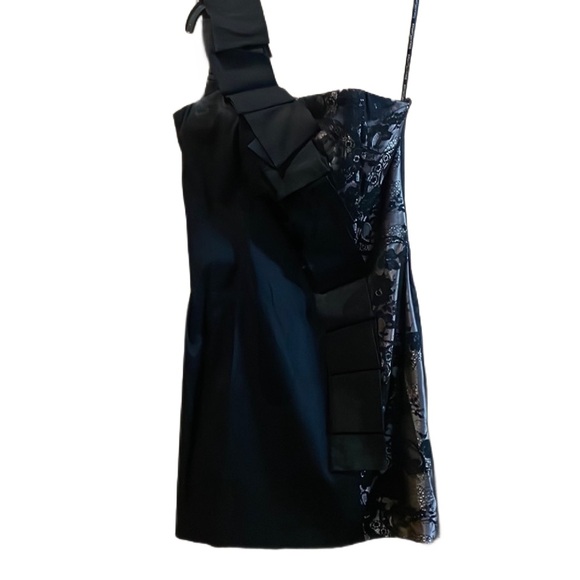 Jessica McClintock black mini formal black and lace one shoulder dress size 10 - Picture 2 of 12